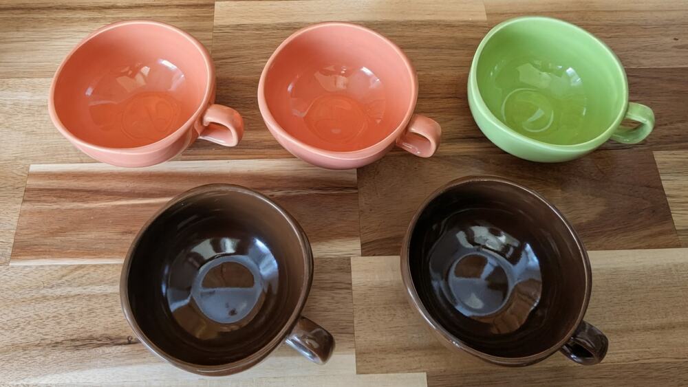 Set of 5 Ceramic Wide Soup Mugs Bowls with Handles -Pink, Green, Brown Stoneware